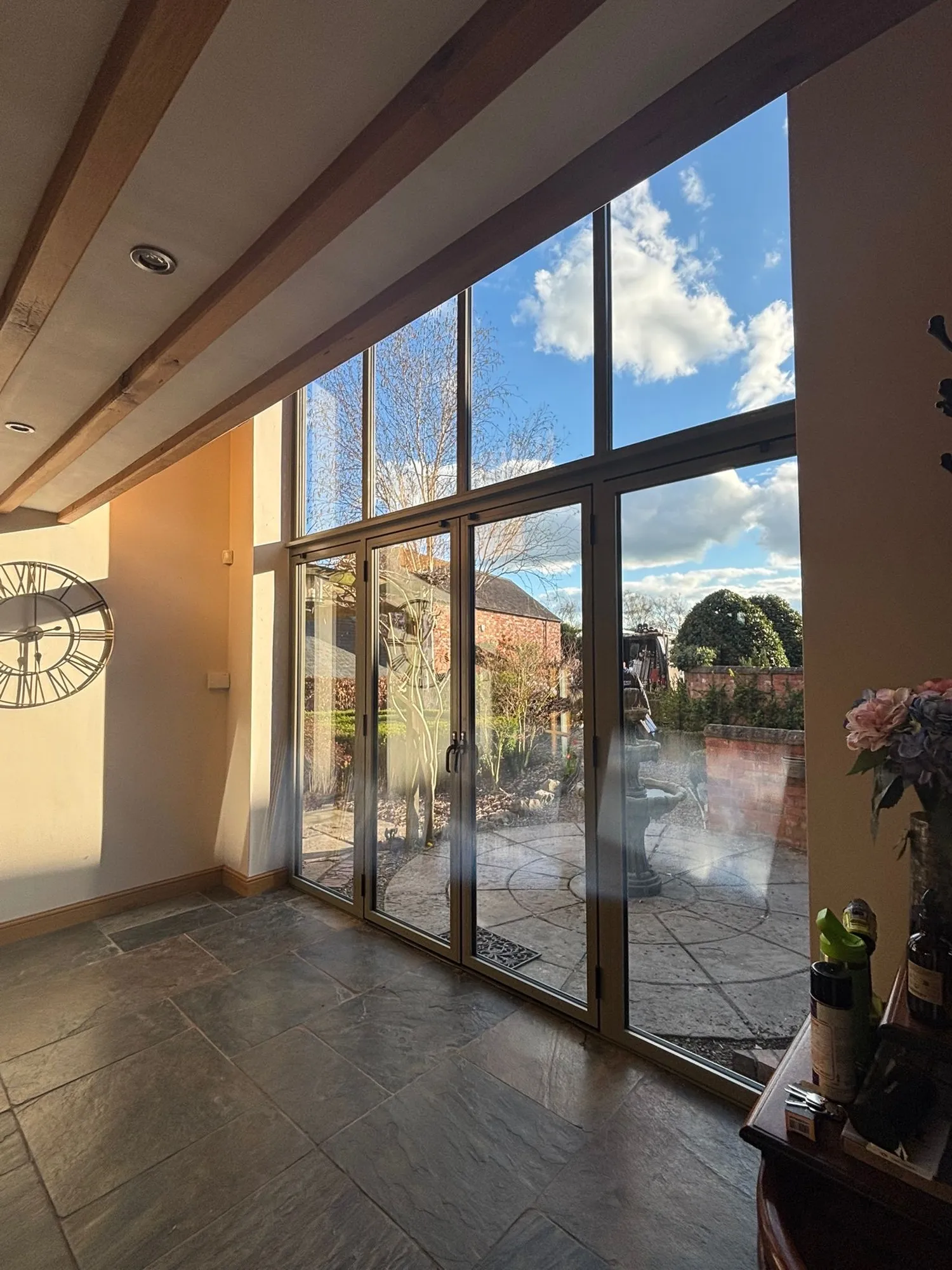 Interior view of aluminium glazing and bifold doors installed in Redditch